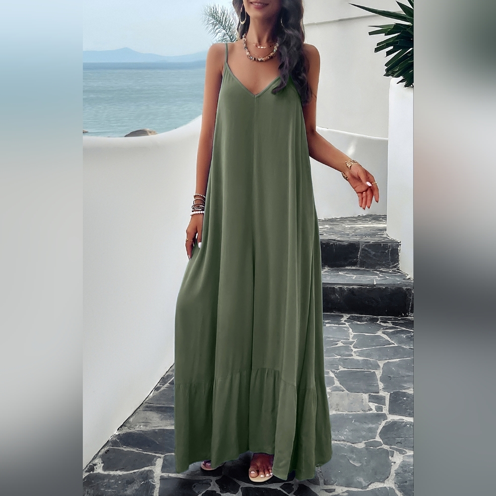 Oversized Pocket Casual Sleeveless V-Neck Low Back Long Summer Maxi Dress - Picture 9 of 12